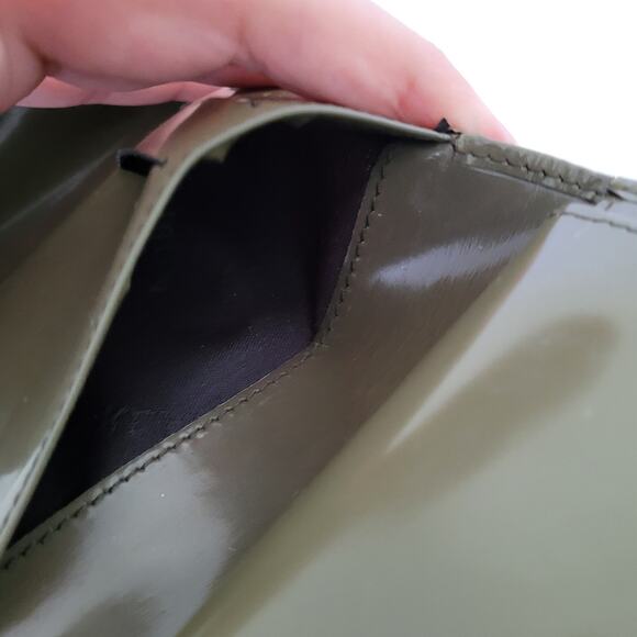 Furla Italian Trifold Wallet Medium Patent Leather Olive Green Compact Logo - Picture 5 of 14